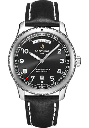 Breitling Aviator 8 Automatic Day & Date 41 Watch - Stainless Steel - Black Dial - Black Calfskin Leather Strap - Folding Buckle - A45330101B1X2