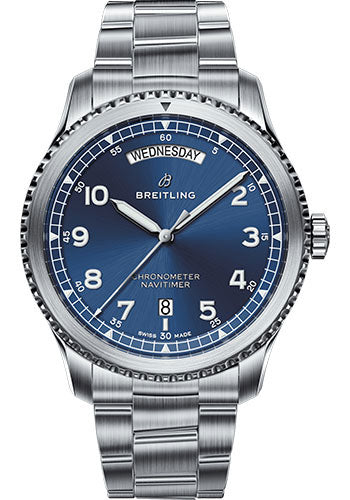 Breitling Aviator 8 Automatic Day & Date 41 Watch - Steel Case - Blue Dial - Steel Professional III Bracelet - A45330101C1A1