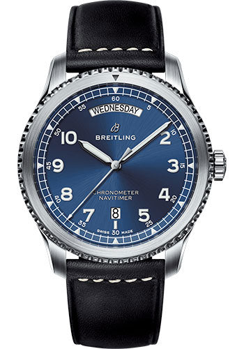 Breitling Aviator 8 Automatic Day & Date 41 Watch - Steel Case - Blue Dial - Black Leather Strap - A45330101C1X1