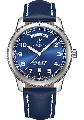 Breitling Aviator 8 Automatic Day & Date 41 Watch - Steel - Blue Dial - Blue Leather Strap - Tang Buckle - A45330101C1X3