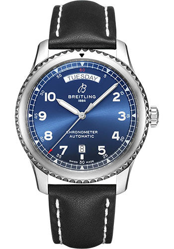 Breitling Aviator 8 Automatic Day & Date 41 Watch - Stainless Steel - Blue Dial - Black Calfskin Leather Strap - Folding Buckle - A45330101C1X4