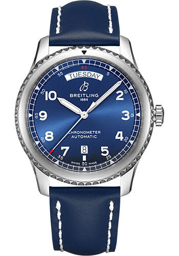 Breitling Aviator 8 Automatic Day & Date 41 Watch - Stainless Steel - Blue Dial - Blue Calfskin Leather Strap - Folding Buckle - A45330101C1X5