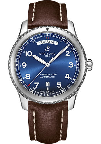 Breitling Aviator 8 Automatic Day & Date 41 Watch - Stainless Steel - Blue Dial - Brown Calfskin Leather Strap - Folding Buckle - A45330101C1X6