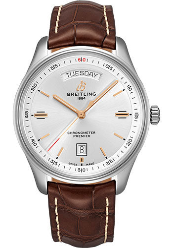 Breitling Premier Automatic Day & Date Watch - 40mm Steel Case - Silver Dial - Brown Croco Strap - A45340211G1P1