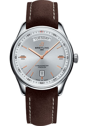 Breitling Premier Automatic Day & Date Watch - 40mm Steel Case - Silver Dial - Brown Nubuck Strap - A45340211G1X1