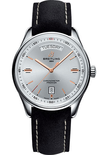 Breitling Premier Automatic Day & Date Watch - 40mm Steel Case - Silver Dial - Black Nubuck Strap - A45340211G1X2