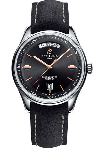 Breitling Premier Automatic Day & Date Watch - 40mm Steel Case - Black Dial - Anthracite Nubuck Strap - A45340241B1X1