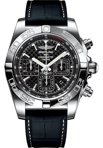 Breitling Chronomat 44 Watch - Steel polished - Carbon Dial - Grey And Black Crocodile Rubber Strap - Folding Buckle - AB011012/BF76/296S/A20D.4