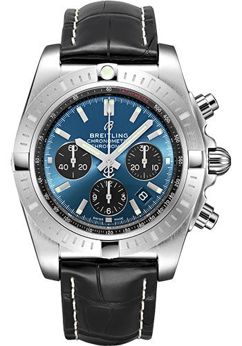 Breitling Chronomat B01 Chronograph 44 Watch - Steel - Blackeye Blue Dial - Black Croco Strap - Folding Buckle - AB0115101C1P4