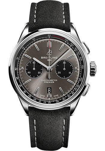 Breitling Premier B01 Chronograph 42 Watch - Steel - Blackeye Gray Dial - Anthracite Nubuck Strap - Folding Buckle - AB0118221B1X1
