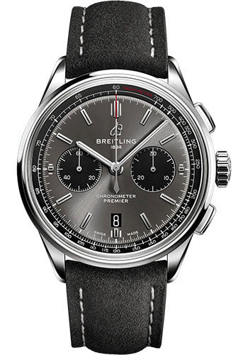 Breitling Premier B01 Chronograph 42 Watch - Stainless Steel - Anthracite Dial - Anthracite Calfskin Leather Strap - Tang Buckle - AB0118221B1X2
