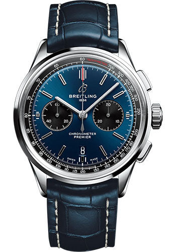 Breitling Premier B01 Chronograph 42 Watch - Stainless Steel - Blue Dial - Blue Alligator Leather Strap - Folding Buckle - AB0118221C1P1