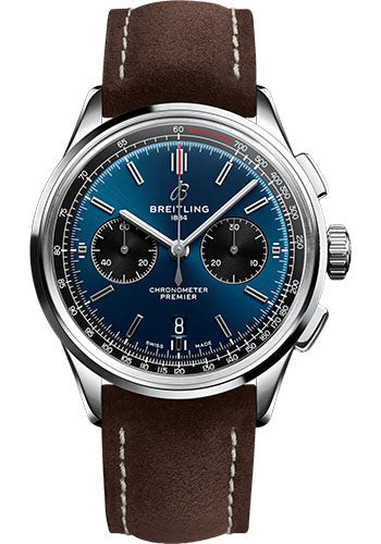Breitling Premier B01 Chronograph 42 Watch - Stainless Steel - Blue Dial - Brown Calfskin Leather Strap - Folding Buckle - AB0118221C1X1