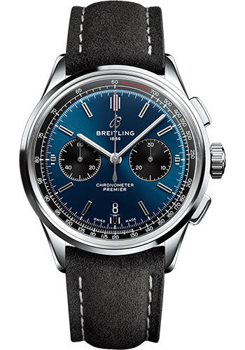 Breitling Premier B01 Chronograph 42 Watch - Stainless Steel - Blue Dial - Anthracite Calfskin Leather Strap - Folding Buckle - AB0118221C1X3
