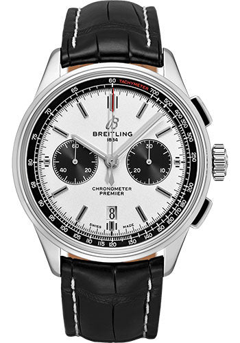 Breitling Premier B01 Chronograph Watch - 42mm Steel Case - Silver Dial - Black Croco Strap - AB0118221G1P1