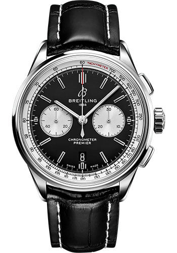 Breitling Premier B01 Chronograph 42 Watch - Stainless Steel - Black Dial - Black Alligator Leather Strap - Folding Buckle - AB0118371B1P1