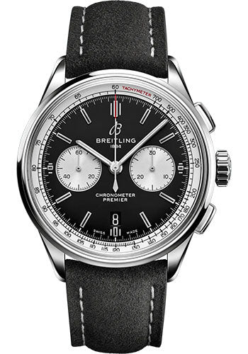 Breitling Premier B01 Chronograph 42 Watch - Stainless Steel - Black Dial - Anthracite Calfskin Leather Strap - Tang Buckle - AB0118371B1X2