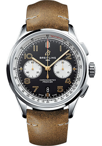 Breitling Premier B01 Chronograph 42 Norton Watch - Steel - Black Dial - Brown Leather Strap - Tang Buckle - AB0118A21B1X2
