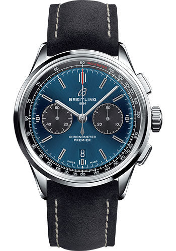 Breitling Premier B01 Chronograph Watch - 42mm Steel Case - Blue Dial - Anthracite Nubuck Strap - AB0118A61C1X2
