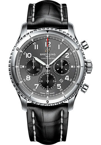 Breitling Aviator 8 B01 Chronograph 43 Watch - Stainless Steel - Anthracite Dial - Black Alligator Leather Strap - Tang Buckle - AB0119131B1P1