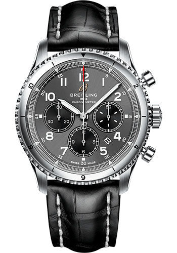 Breitling Aviator 8 B01 Chronograph 43 Watch - Stainless Steel - Anthracite Dial - Black Alligator Leather Strap - Folding Buckle - AB0119131B1P2