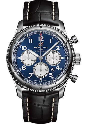 Breitling Aviator 8 B01 Chronograph 43 Watch - Stainless Steel - Blue Dial - Black Alligator Leather Strap - Tang Buckle - AB0119131C1P1