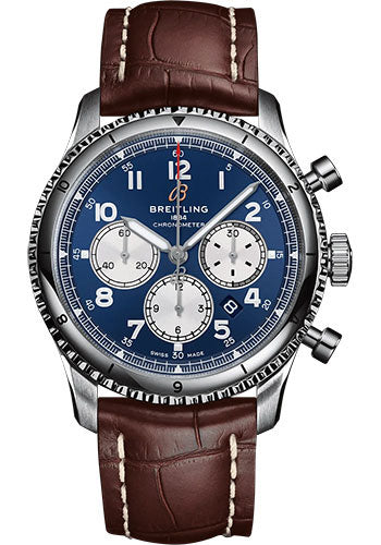 Breitling Aviator 8 B01 Chronograph 43 Watch - Stainless Steel - Blue Dial - Brown Alligator Leather Strap - Tang Buckle - AB0119131C1P2