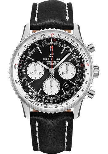 Breitling Navitimer B01 Chronograph 43 Watch - Steel - Black Dial - Black Leather Strap - Folding Buckle - AB0121211B1X2