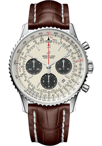 Breitling Navitimer 1 B01 Chronograph 43 Watch - Steel Case - Mercury Silver Dial - Brown Croco Strap - AB0121211G1P1