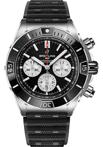 Breitling Super Chronomat B01 44 Watch - Stainless Steel - Black Dial - Black Rubber Strap - Folding Buckle - AB0136251B1S1