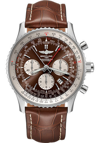 Breitling Navitimer B03 Chronograph Rattrapante 45 Watch - Steel - Panamerican Bronze Dial - Brown Croco Strap - Folding Buckle - AB0310211Q1P1