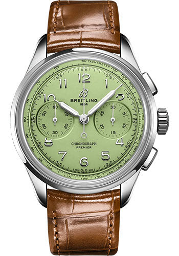 Breitling Premier B09 Chronograph 40 Watch - Stainless Steel - Pistachio Green Dial - Gold Brown Alligator Leather Strap - Folding Buckle - AB0930D31L1P1