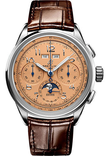 Breitling Premier B25 Datora 42 Watch - Stainless Steel - Copper Dial - Brown Alligator Leather Strap - Folding Buckle - AB2510201K1P1