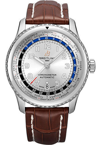 Breitling Aviator 8 B35 Automatic Unitime 43 Watch - Stainless Steel - Silver Dial - Brown Alligator Leather Strap - Folding Buckle - AB3521U01G1P3