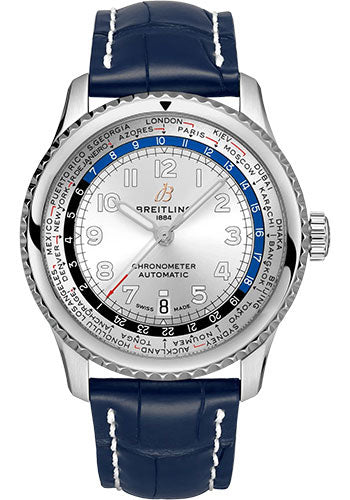 Breitling Aviator 8 B35 Automatic Unitime 43 Watch - Stainless Steel - Silver Dial - Blue Alligator Leather Strap - Folding Buckle - AB3521U01G1P4