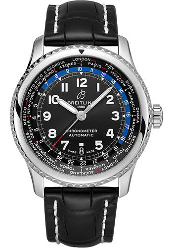 Breitling Aviator 8 B35 Automatic Unitime 43 Watch - Stainless Steel - Black Dial - Black Alligator Leather Strap - Folding Buckle - AB3521U41B1P2