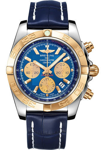 Breitling Chronomat 44 Watch - Steel and 18K Rose Gold - Blue Dial - Blue Alligator Leather Strap - Folding Buckle - CB0110121C1P2