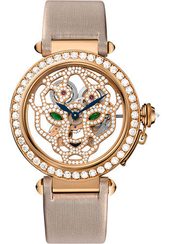 Cartier Pasha Skeleton Watch - 42 mm Pink Gold Diamond Case - Pink Gold Dial - Brown Fabric Strap - HPI00508