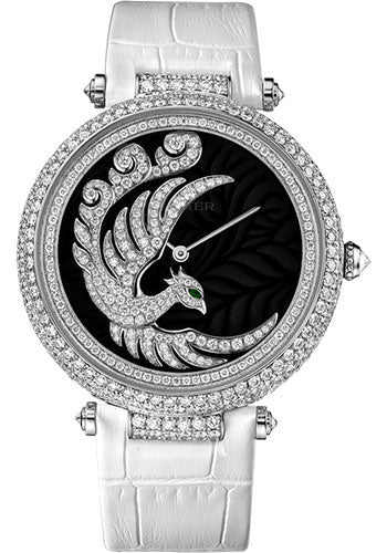 Cartier Evol D'un Phoenix Watch - 42.75 mm White Gold Diamond Case - Dark Purple Mother-of-Pearl Diamond Dial - White Alligator Strap - HPI00633