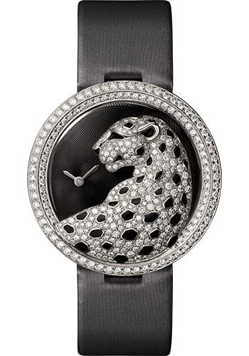Cartier Panthere Divine Watch - 38 mm White Gold Diamond Case - Black Dial - Black Alligator Strap - HPI00648