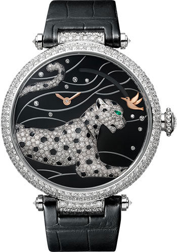 Cartier Pantheres Et Colibri Watch - 42.75 mm White Gold Diamond Case - White Gold Dial - Black Alligator Strap - HPI00776