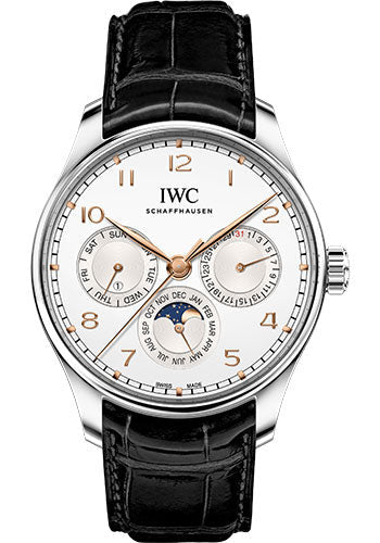 IWC Portugieser Perpetual Calendar 42 - Stainless Steel Case - Silver-Plated Dial - Black Alligator Leather Strap - IW344203