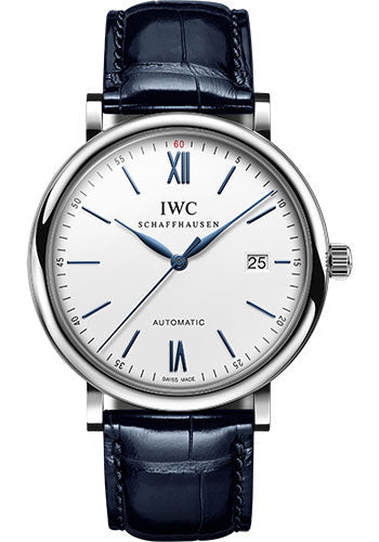 IWC Portofino Automatic Watch - Stainless Steel Case - Silver-Plated Dial - Blue Alligator Leather Strap - IW356527