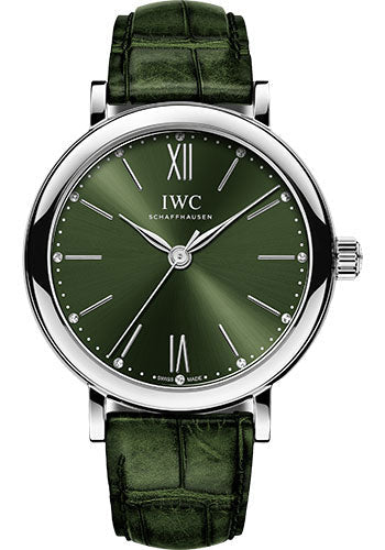 IWC Portofino Automatic 34 Watch - 34.0 mm Stainless Steel Case - Green Dial - Green Alligator Strap - IW357405