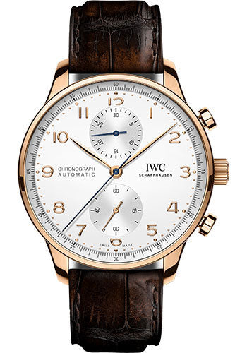 IWC Portugieser Chronograph Watch - 41.0 mm 5N Gold Case - Silver Dial - Dark Brown Alligator Strap - IW371611