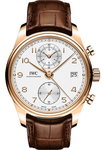 IWC Portugieser Chronograph Classic Watch - 42 mm Red Gold Case - Silver Dial - Brown Alligator Strap - IW390301