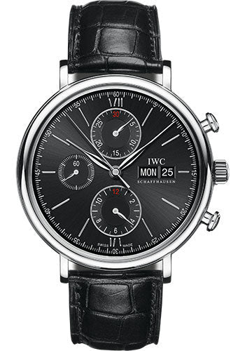 IWC Portofino Chronograph Watch - 42.0 mm Stainless Steel Case - Black Dial - Black Alligator Strap - IW391029