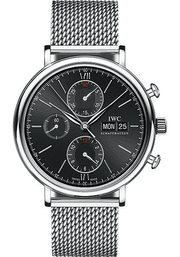 IWC Portofino Chronograph Watch - 42.0 mm Stainless Steel Case - Black Dial - Milanaise Mesh Steel Bracelet - IW391030
