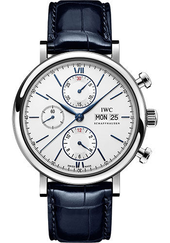 IWC Portofino Chronograph Watch - Stainless Steel Case - Silver-Plated Dial - Blue Alligator Leather Strap - IW391037