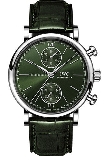 IWC Portofino Chronograph 39 Watch - Stainless Steel Case - Green Dial - Green Alligator Leather Strap - IW391405